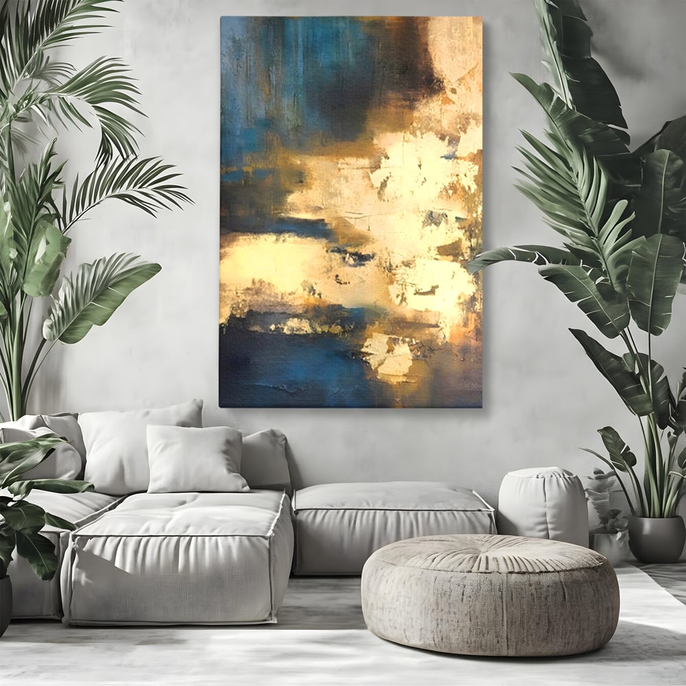 Tablou canvas cu pictura abstracta cu texturi aurii, fara rama, pe sasiu de lemn, pe perete intr-un living